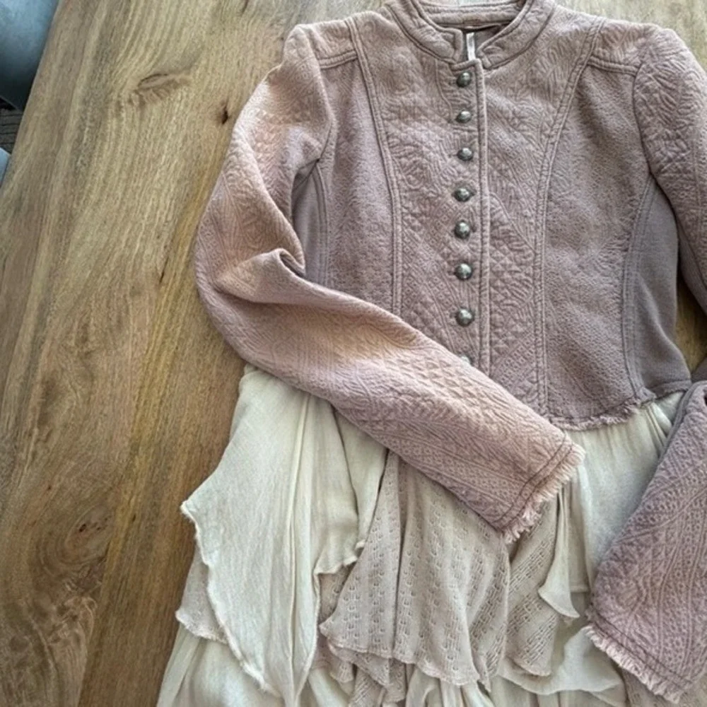 Free People Victorian Military Jacket Ruffle Mauve Steampunk Grunge Distressed 0